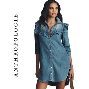 Anthropologie Pilcro Long-Sleeve Ruffled Denim Mini Shirt Dress